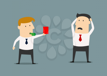 Manager showing a red card to a horrified businessman, who holding his head in his hands, flat style illustration