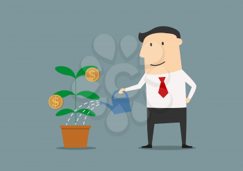 Businessman watering a money plant growing in a tub with a watering can in a conceptual image of growth and success