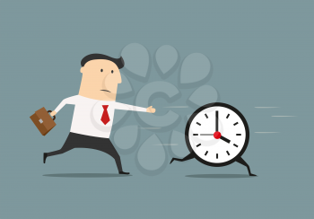 Businessman chasing a running clock in a concept of pursuing a deadline or time management, flat style