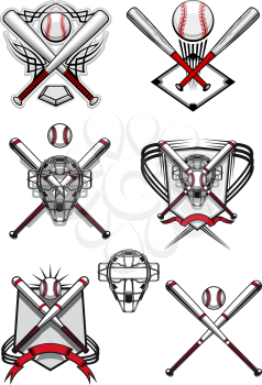 Baseball symbols and logo depicting balls, crossed bats, masks and field in traditional red, white colors decorated heraldic shields and tribal ornaments