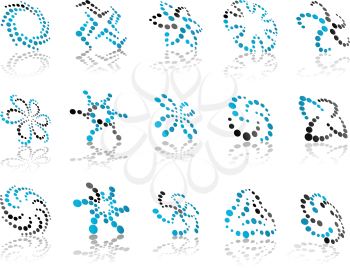 Abstract icons composed of blue and black dots showing flowers, stars and swirls with reflection on white background for business card or logo design