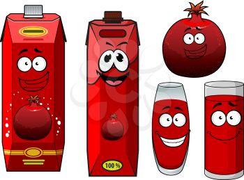 Bright red cartoon pomegranate fruit with cardboard packs of pomegranate juice and filled glasses for food design