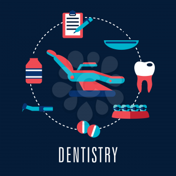 Flat dentistry concept with dental chair surrounded medical icons depicting pills, dental drill, carious tooth, braces, bottle of medicine, medical tray and clipboard with pen