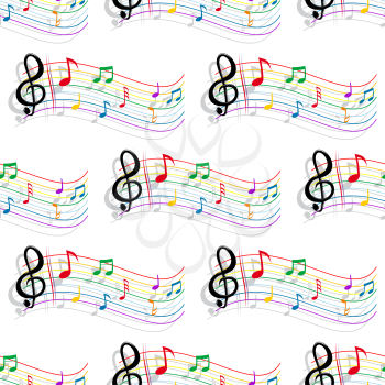 Seamless colorful curved staves, notes and treble clef background pattern with shadows for music and art concept design
