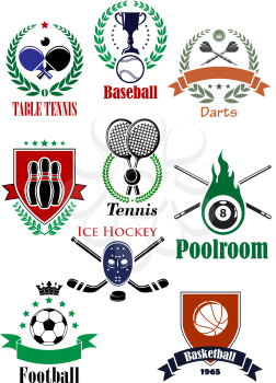 Sporting logo or badges for football or soccer, ice hockey, darts, basketball, billiards, bowling, baseball, table tennis decorated heraldic and sports elements design