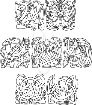 Celtic mythological dragon, dogs, wolves, goat, heron, stork decorated traditional ethnic ornament for tattoo or mascot design