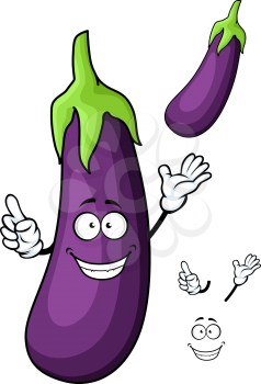 Glossy violet happy cartoon eggplant vegetable character with big green stalk for vegetarian menu or recipe book design