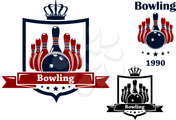 Bowling club emblem or symbol with royal crown, frame, ball, ninepins, ribbon and text isolated on white background