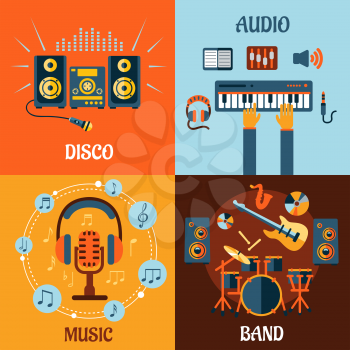 Music, audio, disco, band flat icons with music instruments, microphone and headphone surrounded notes, recording studio equipment and stereo system with sound waves