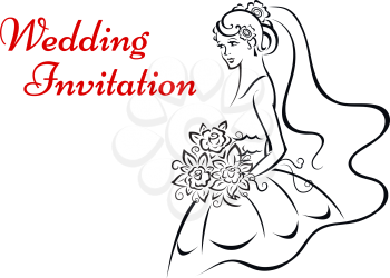 Wedding invitation design with a graceful bride in her veil holding a bouquet, outline style