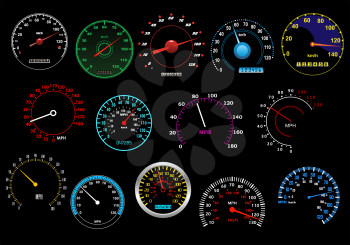 Various glowing speedometers set on black background for racing, transportation or speed concept design
