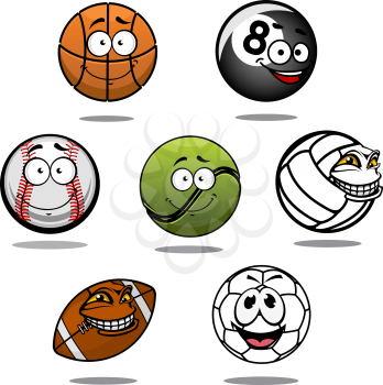 Cartoon funny basketball, billiard, baseball, tennis, volleyball, ruby and football balls characters