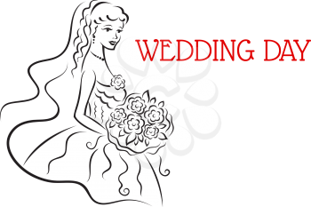 Silhouette of pretty bride with flowers in sketch style for wedding and marriage design