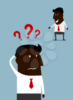 Afroamerican cartoon businessman with a problem standing scratching his head with question marks above and a second variant happy and smiling as he finds the answer
