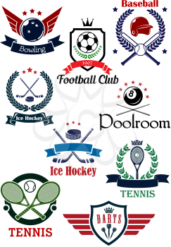Creative sports logos and banners emphasizing bowling, football, baseball, ice hockey, pool, tennis and darts on white background.