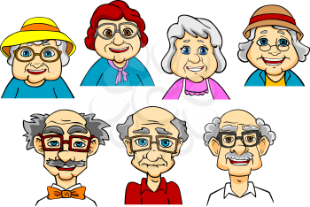 Cartoon smiling senior peoples characters isolated on white background