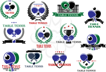 Table tennis sporting icons and labels set with rackets, balls and net