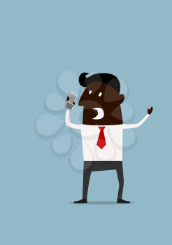 Angry frustrated cartoon afroamerican businessman yelling at his mobile phone
