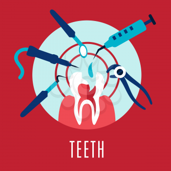 Teeth and dentistry concept with a cartoon tooth being targeted by dental tools, drill, mirror, an injection and pliers on pink with text