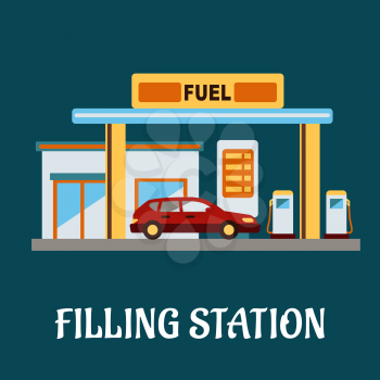 Family car refueling with gasoline at a filling station, flat style