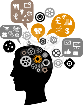 Silhouette of businessman head thinking about business process with gears and speech bubbles around him depicting meeting, agreements, presentation, finance pictograms
