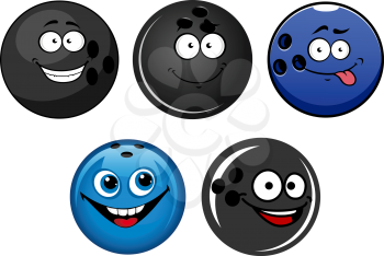 Funny blue and black glossy bowling balls cartoon characters with happy faces suitable for team mascot design