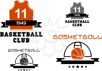 Basketball club emblems and logo depicting basketball court with ball and uniform jersey with number 11 decorated ribbon banners and stars in orange and gray color designs