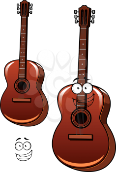 Cheerful six string classical acoustic guitar cartoon character with googly eyes and wide smile for acoustic concert or band design