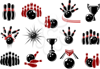 Bowling design elements for sporting emblems or logo with balls, ninepins, trophy cups and lanes decorated comics motion trails and explosion clouds
