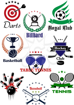 Sporting badges or logo with equipments and heraldic design elements for football or soccer, ice hockey, darts, basketball, billiards, table tennis, bowling, baseball and tennis