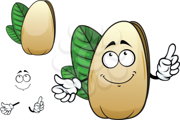 Smiling pistachio cartoon character depicting dry open nut in smooth and strong shell with green leaves behind suitable for healthy nutrition or vegetarian design