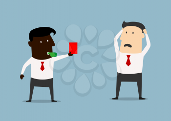 Cartoon african american boss blowing a whistle and showing a red card to guilty and upset manager suitable for dismissal or fire concept design