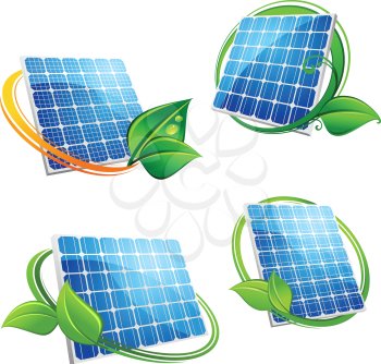 Alternative energy solar panel icons in green and orange frames with fresh leaves in cartoon style for environment or ecology concept design
