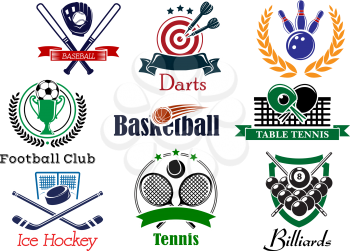 Competition sporting logo and emblems based on heraldic elements with football or soccer, ice hockey, darts, basketball, billiards, tennis, bowling, baseball, table tennis, wreath and trophy cup
