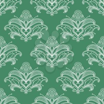 Lush outline white paisley flowers seamless pattern with heart shape stamen on green background for interior or textile design