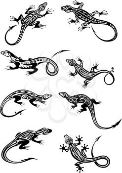 Lizards black silhouettes with tribal ornaments for tattoo, logo or t-shirt design