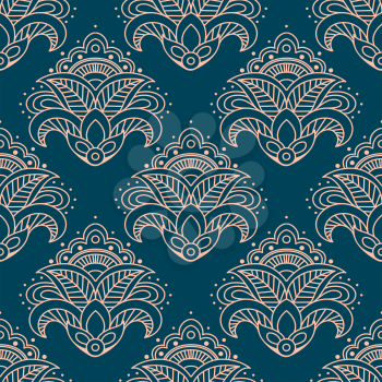 Paisley bell shaped pink flowers seamless pattern with curved elements on teal background for interior design