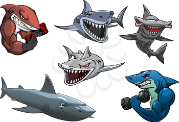 Cartoon angry dangerous sharks characters including sporting sharks, hunting grey, white and hammerhead sharks isolated on white background