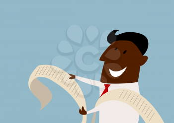 Cartoon african american businessman reading a financial report and smiling, flat style