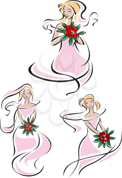 Pretty pink feminine doodle sketches of a bride holding a bouquet of red roses in three different positions with her gown and hair flowing