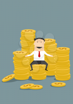 Successful wealthy businessman character sitting on piles of gold dollar coins