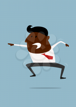 Excited or angry businessman with a dark complexion shouting and jumping around, cartoon flat style