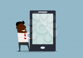 African american businessman making a presentation on a large tablet or smartphone with a blank screen with copyspace