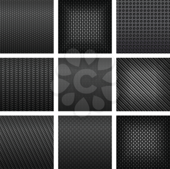 Assorted gray carbon, fiber and metallic textured pattern in squares for background design