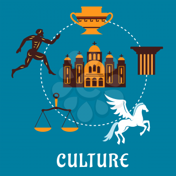 Culture Greece concept with classic flat icons depicting a Greek runner, capital on a column, pegasus, amphora, scales and temple over a blue background