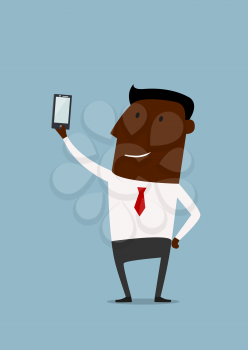 Cartoon african american businessman taking selfie using a mobile phone, flat style