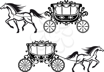 Horses harnessed to a antique carriages with elegant curtains on the windows and floral elements on the roofs and doors for fairy tail or wedding design
