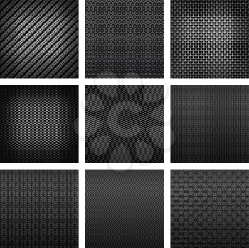 Carbon and fiber seamless patterns with dark gray fabric textures, different types of weave on white background suited for luxury backdrop or modern technology design