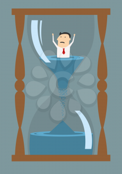 Cartoon worried businessman thinking into hourglass trying to break the clock, suited for deadline or drowning in time concept design 