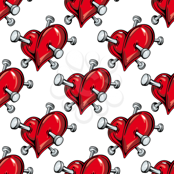 Cartoon red hearts pierced by nails seamless pattern on white background for love or broken heart concept design